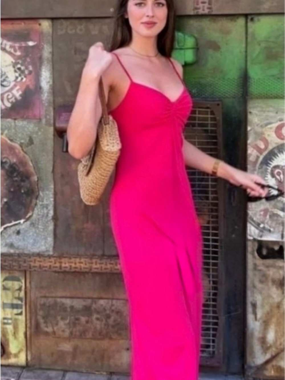 Mango Hot Pink Slip Maxi Dress with Spaghetti Straps